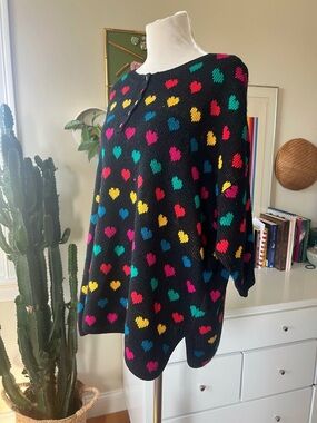 Vintage 80s Oversized Chunky Knit Rainbow Heart Sweater Stephano World Wide OSFA